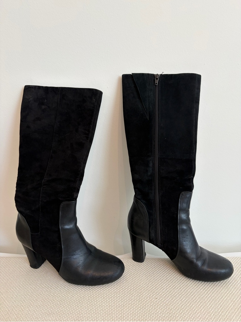 Black Suede & Leather Knee High Heel Boots